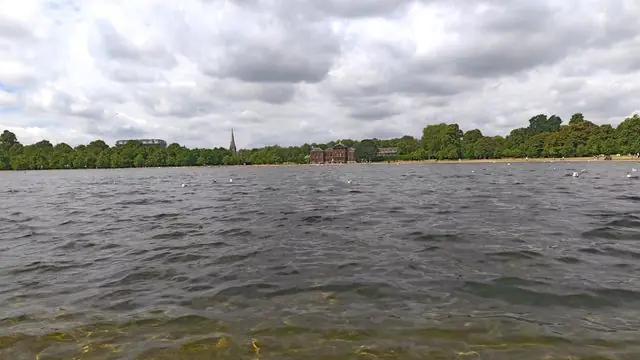 A lake with trees and a tower in the distance, at Kensington Palace.