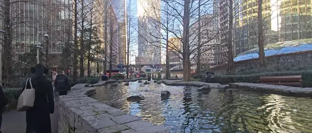 Trees and water in London’s Canary Wharf business district.