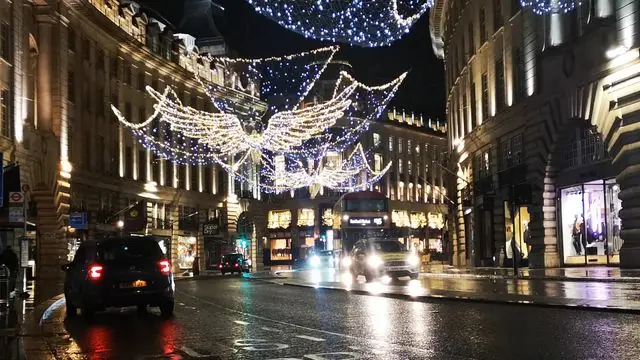 Christmas lights decorating the streets of central London during nighttime